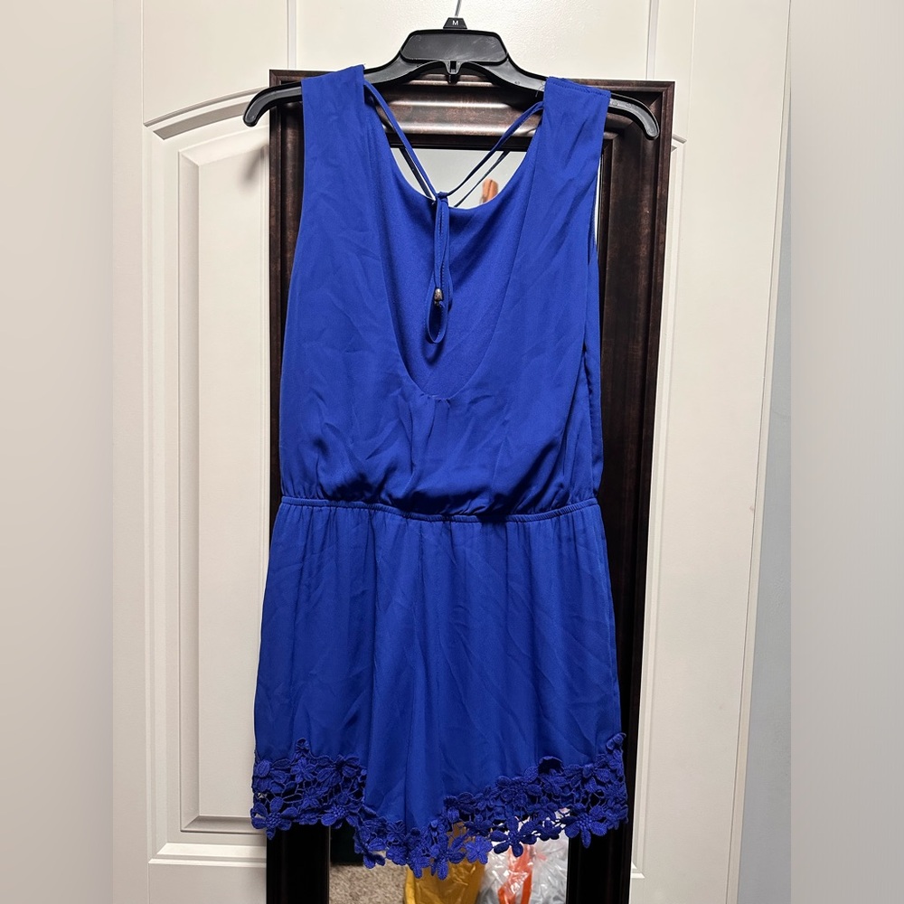 Ya Los Angeles Blue Romper with Lace Trim